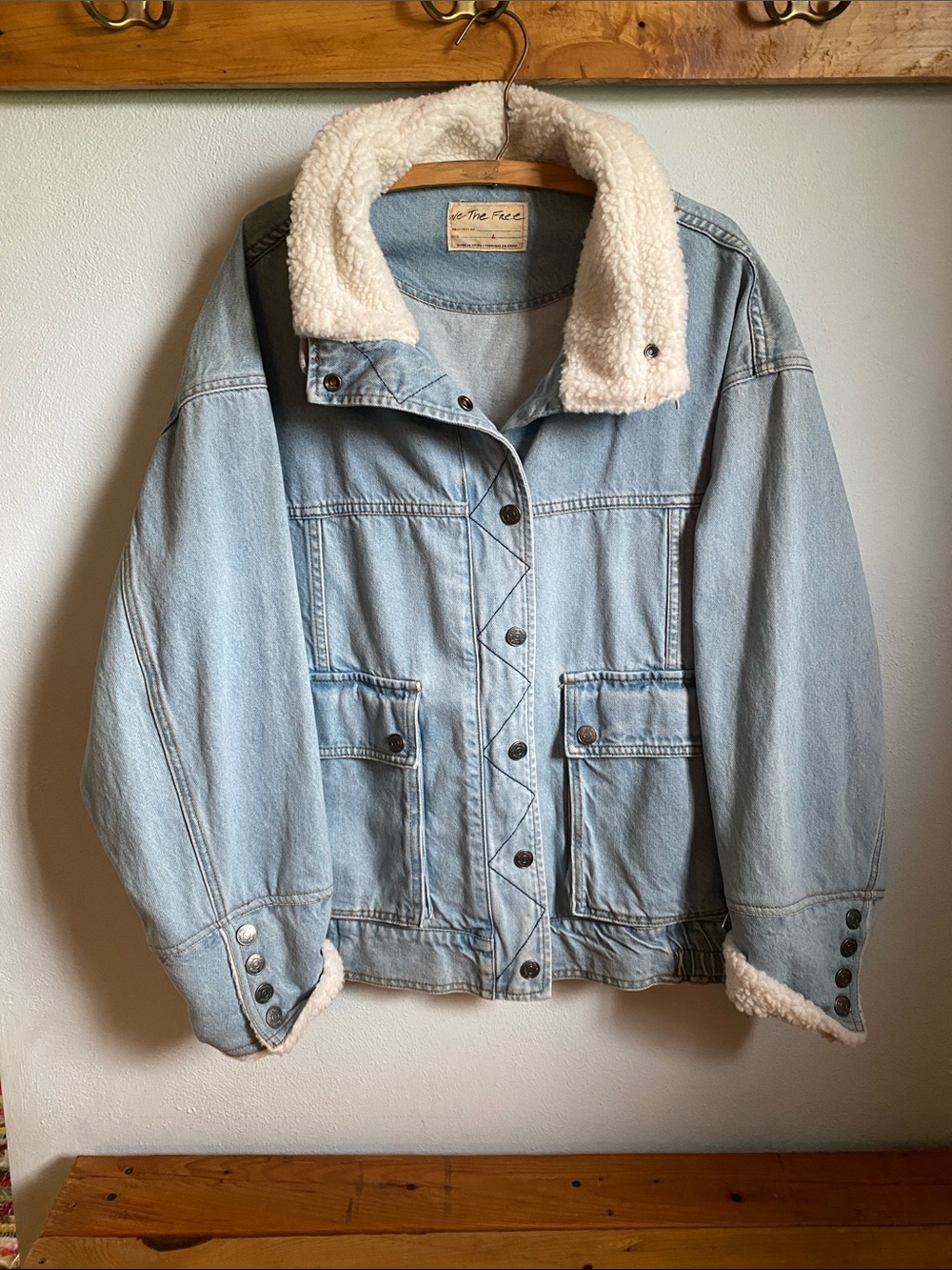 We The Free Light Blue Denim Jacket with Cream Sherpa Collar and Sleeve Cuffs